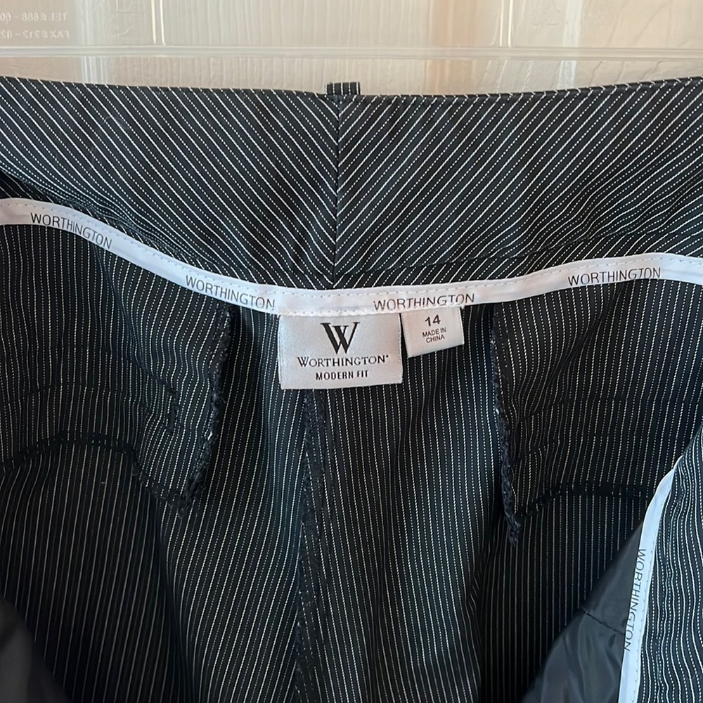 Worthington modern fit dress slacks, size 14, black and white pinstripe.